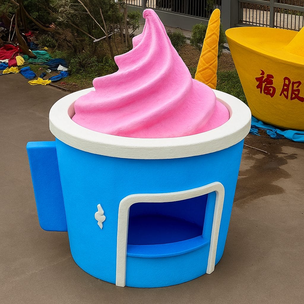 Blue cup shaped ice cream kiosk with pink topping