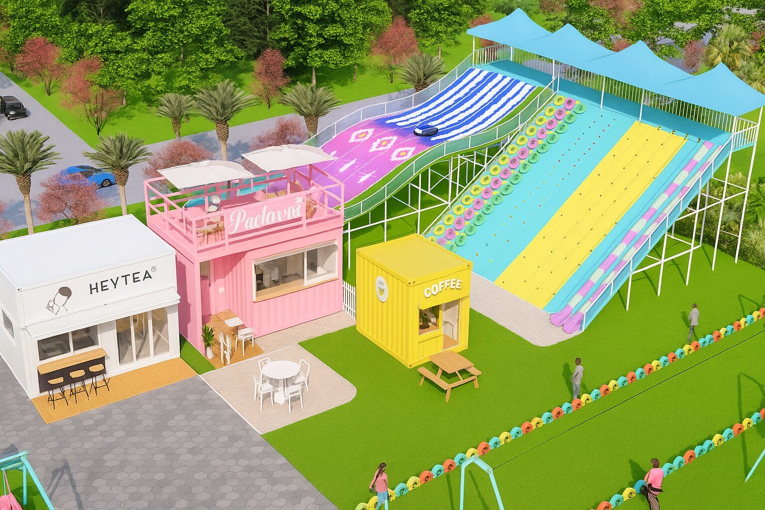 Rainbow slide with container cafes next to it