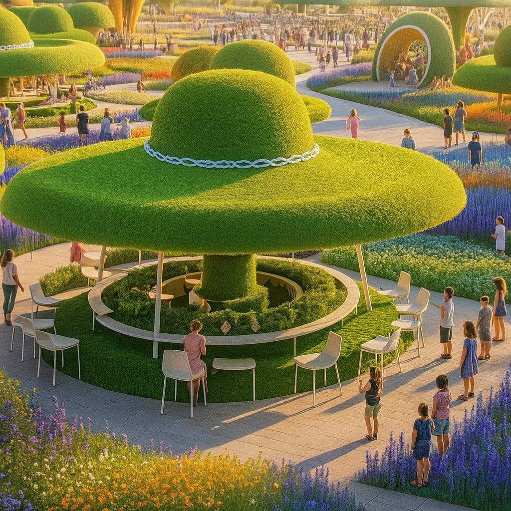 Large green hat shaped shade structure with seating area