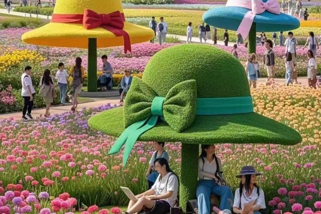 Multiple straw hat garden sculptures among flowers