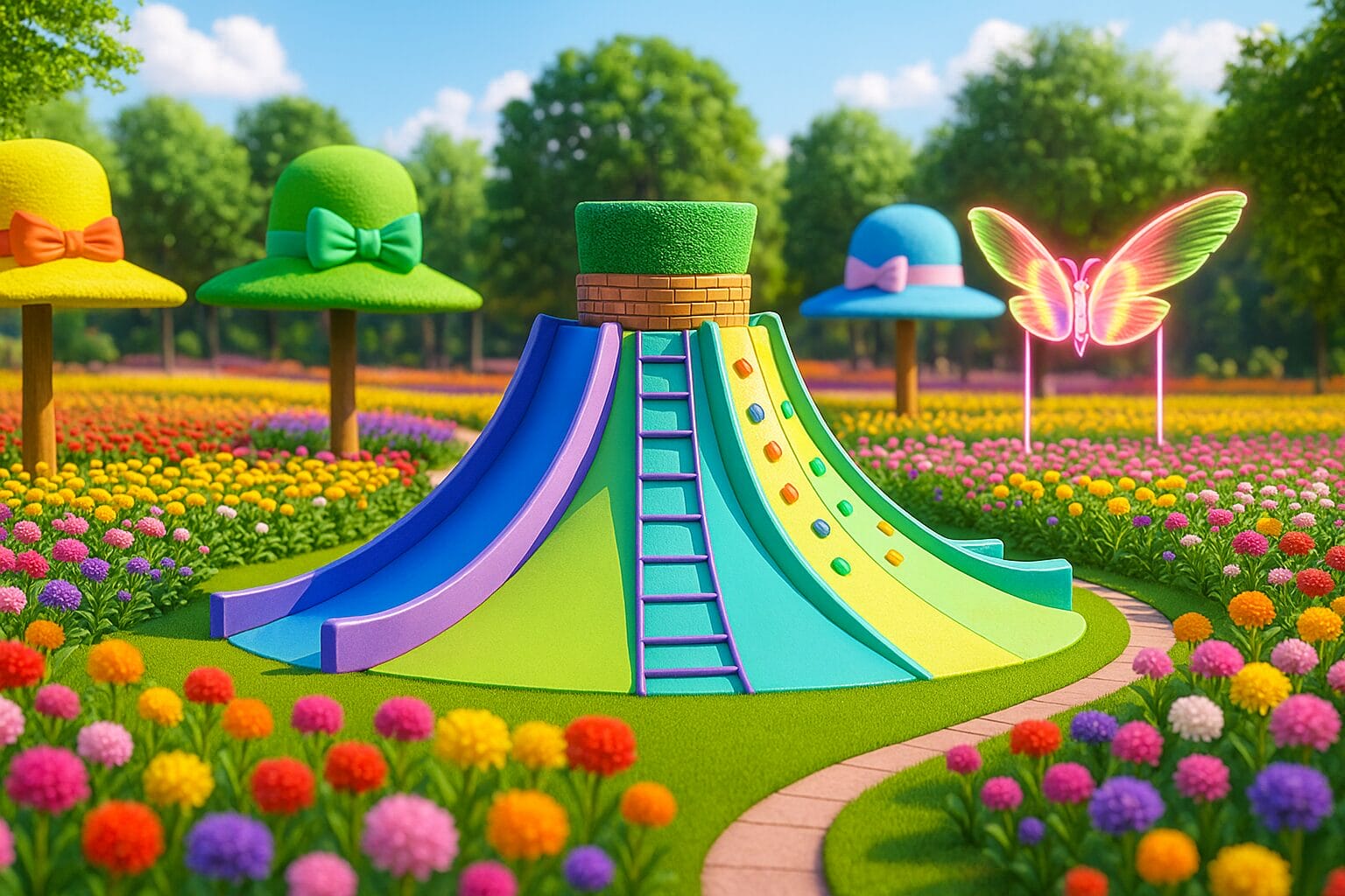 Volcano themed climbing and slide structure